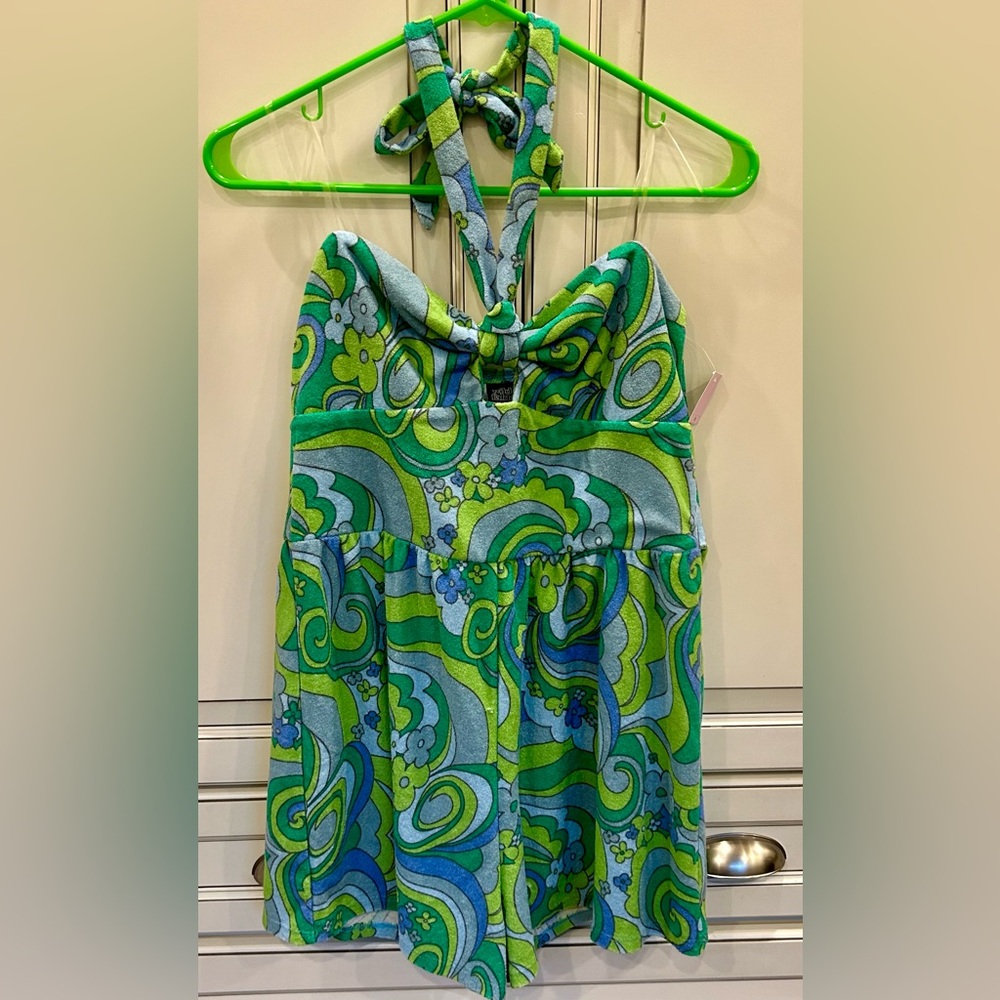 NWT Wild Fable Women's Sleeveless Halter Terry Towel Romper Blue Swirl